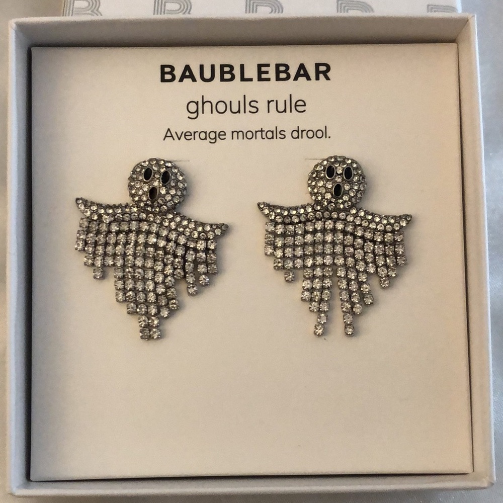 Baublebar Silver Tone Ghouls Rule Ghost Drop Earrings Crystal Fringe NIB
